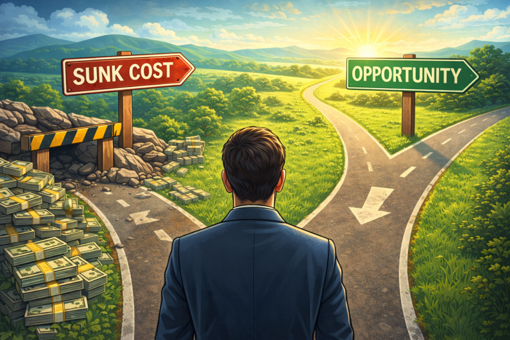 매몰 비용과 기회비용의 의사결정 비교 차트